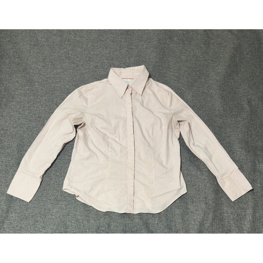 New York & Company Women's XL Button Down‎ Shirt Pink White Striped Stretch